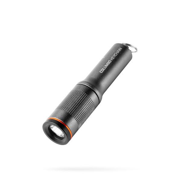 COLUMBO Keychain Pocket Light LED Taschenlampe aus Aluminium, Vorderansicht auf weißem Hintergrund, kompakte Schlüsselbundlampe mit 100 Lumen;